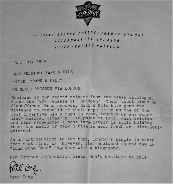 Rank & File : Rank And File (7", Single)