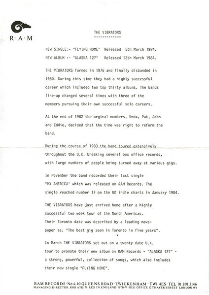 The Vibrators : Flying Home (7")