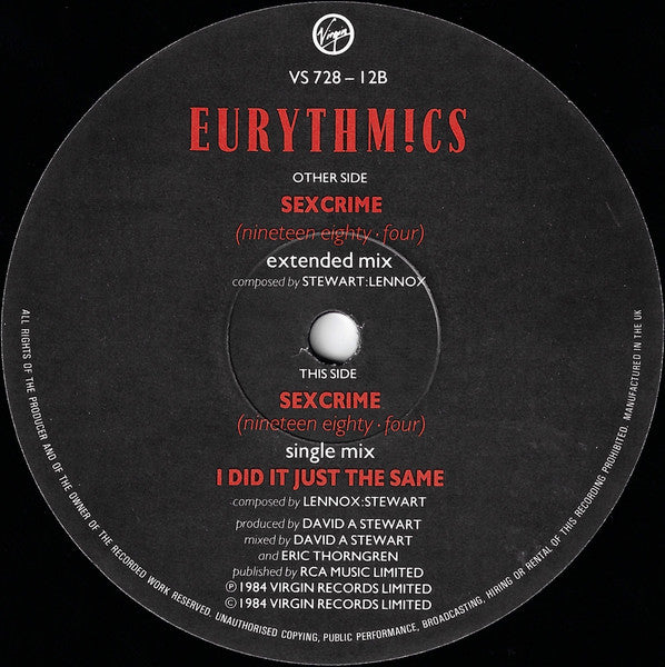 Eurythmics : Sexcrime (Nineteen Eighty • Four) (12", Single)