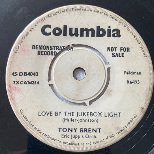 Tony Brent : Love By The Jukebox Light (7", Promo)