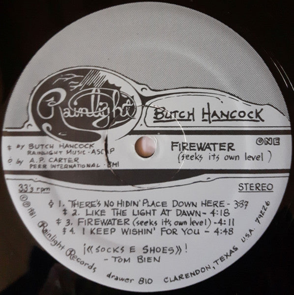 Butch Hancock : Firewater (Seeks Its Own Level) (LP, Album)