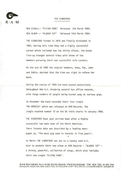 The Vibrators : Flying Home (7")