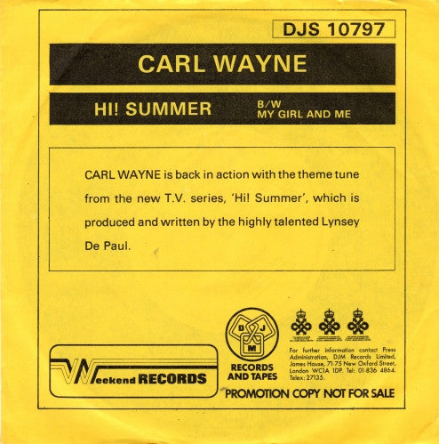 Carl Wayne : Hi Summer (7", Promo)