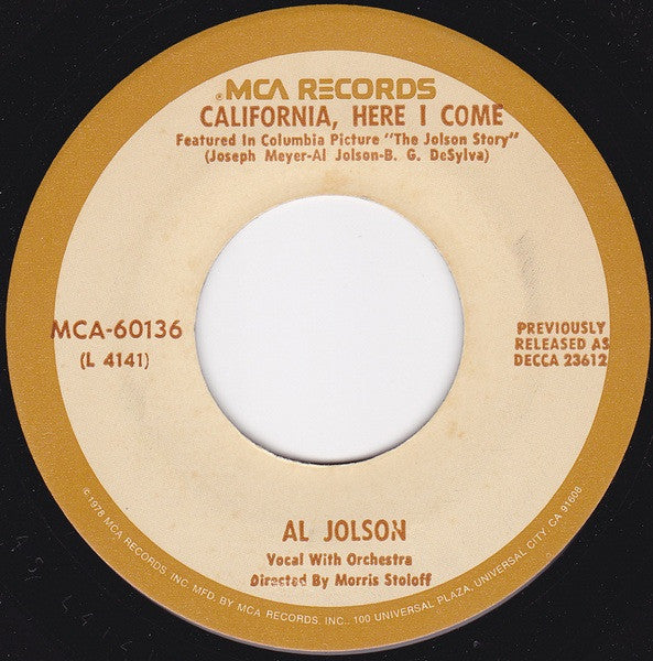 Al Jolson : Rock-A-Bye Your Baby With A Dixie Melody / California, Here I Come (7", Single, RE, RP)