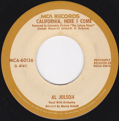 Al Jolson : Rock-A-Bye Your Baby With A Dixie Melody / California, Here I Come (7", Single, RE, RP)