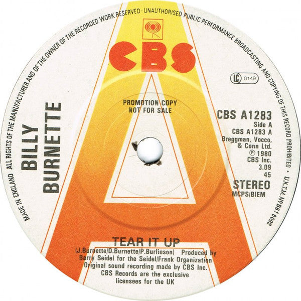 Billy Burnette : Tear It Up (7", Promo)