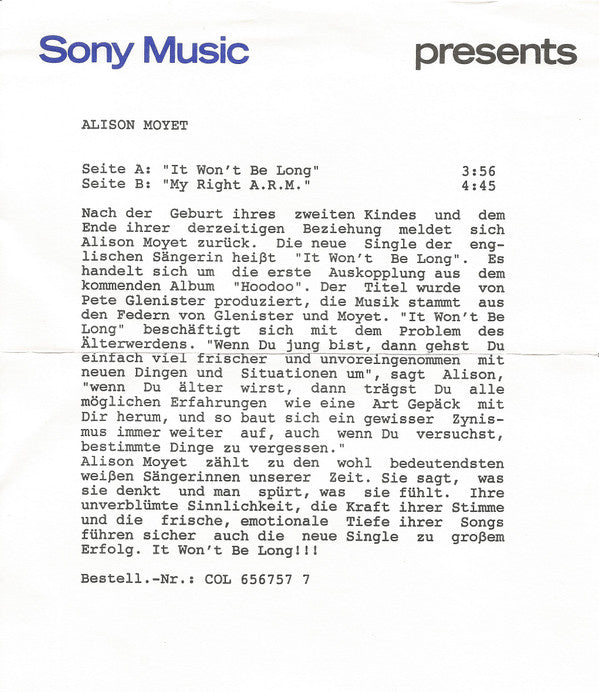 Alison Moyet : It Won't Be Long (7", Single)