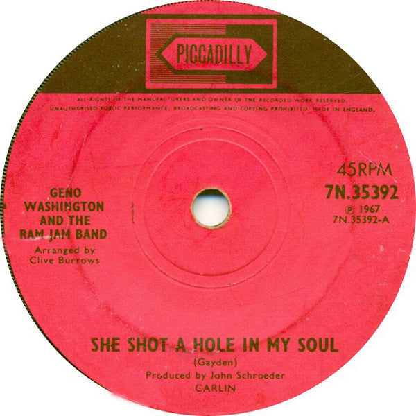 Geno Washington & The Ram Jam Band : She Shot A Hole In My Soul  (7", Single, Sol)