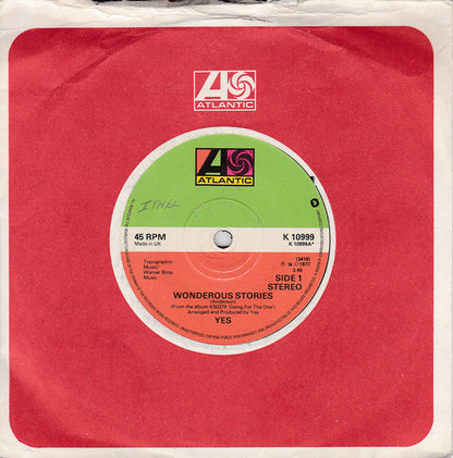 Yes : Wonderous Stories (7", Single, RP, Sol)