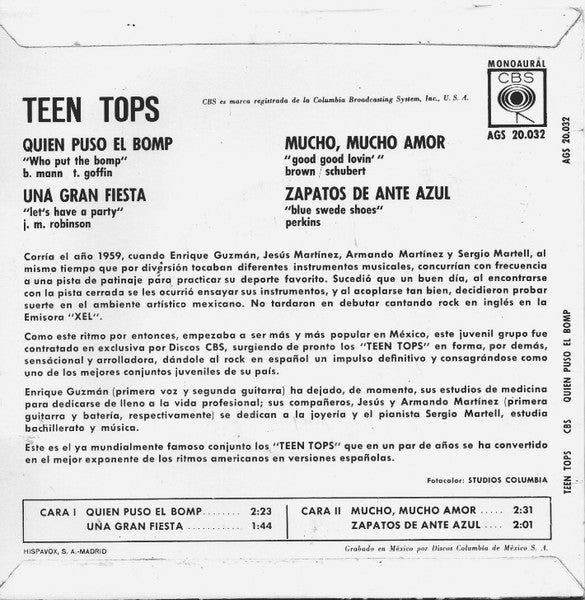 Los Teen Tops : Quien Puso El Bomp / Una Gran Fiesta / Mucho, Mucho Amor /  Zapatos De Ante Azul (7", EP, Mono)