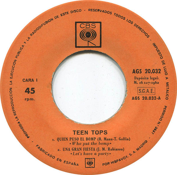 Los Teen Tops : Quien Puso El Bomp / Una Gran Fiesta / Mucho, Mucho Amor /  Zapatos De Ante Azul (7", EP, Mono)