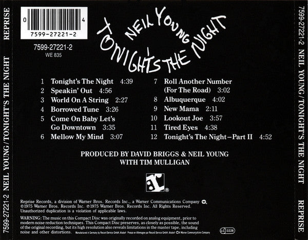 Neil Young : Tonight's The Night (CD, Album, RE)
