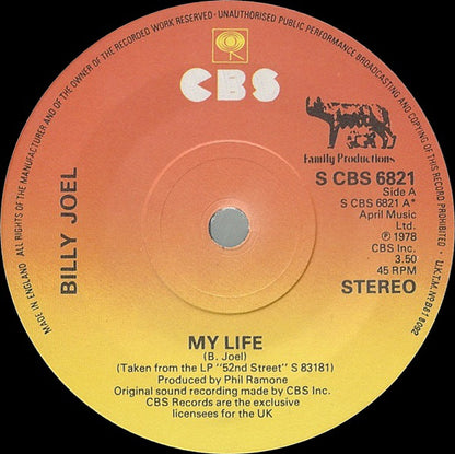 Billy Joel : My Life (7", Single)