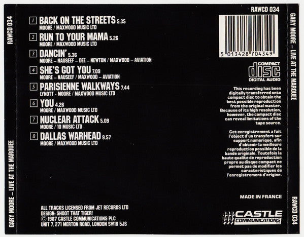 Gary Moore : "Live At The Marquee" (CD, Album, RE)