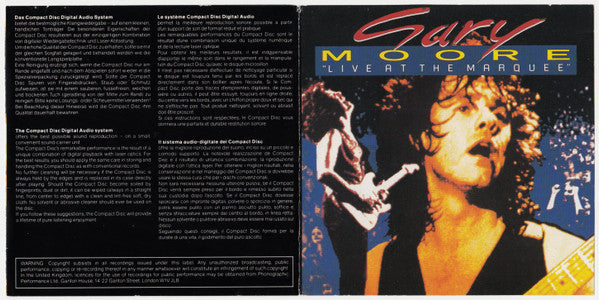 Gary Moore : "Live At The Marquee" (CD, Album, RE)