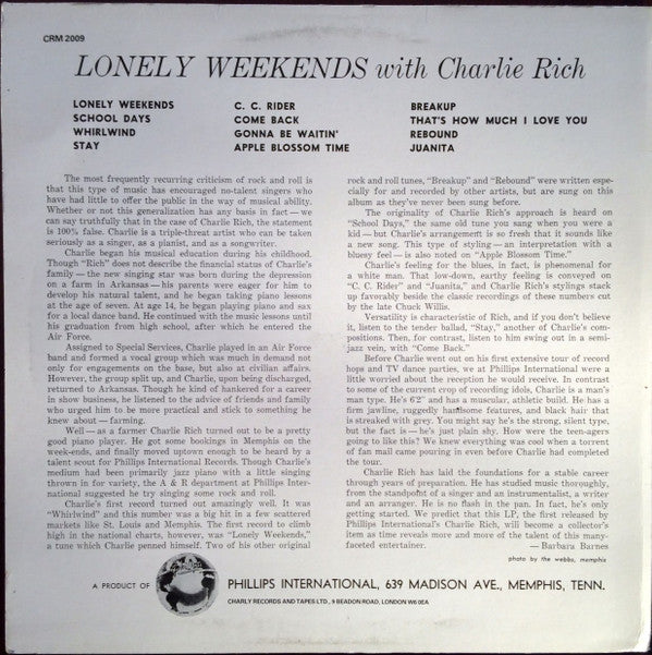 Charlie Rich : Lonely Weekends (LP, Album, RE)