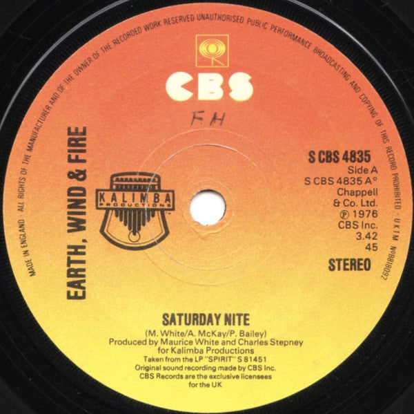 Earth, Wind & Fire : Saturday Nite (7", Single, Sol)