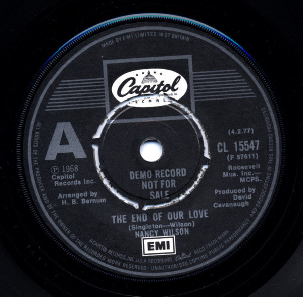 Nancy Wilson : The End Of Our Love (7", Single, Promo, RE)