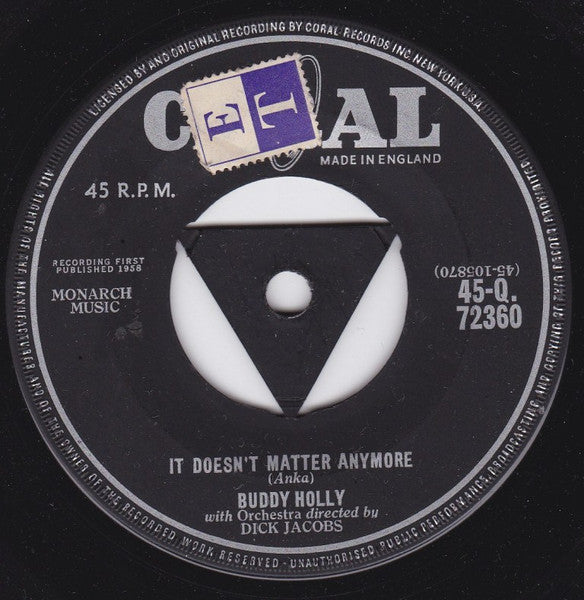 Buddy Holly : It Doesn't Matter Anymore / Raining In My Heart (7", Single, Tri)