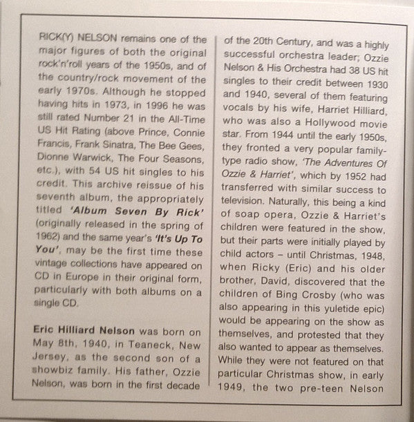 Ricky Nelson (2) : Album Seven By Rick / It's Up To You (CD, Comp, RM)