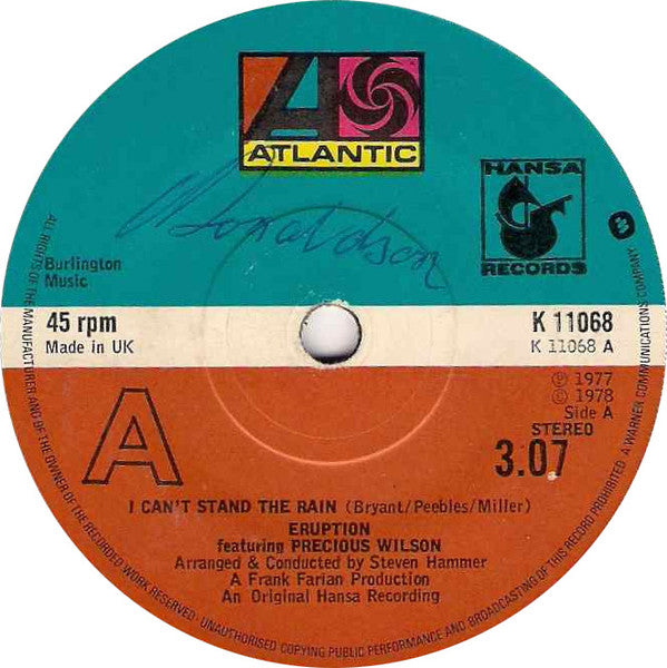 Eruption (4) Featuring Precious Wilson : I Can't Stand The Rain (7", Single, No )